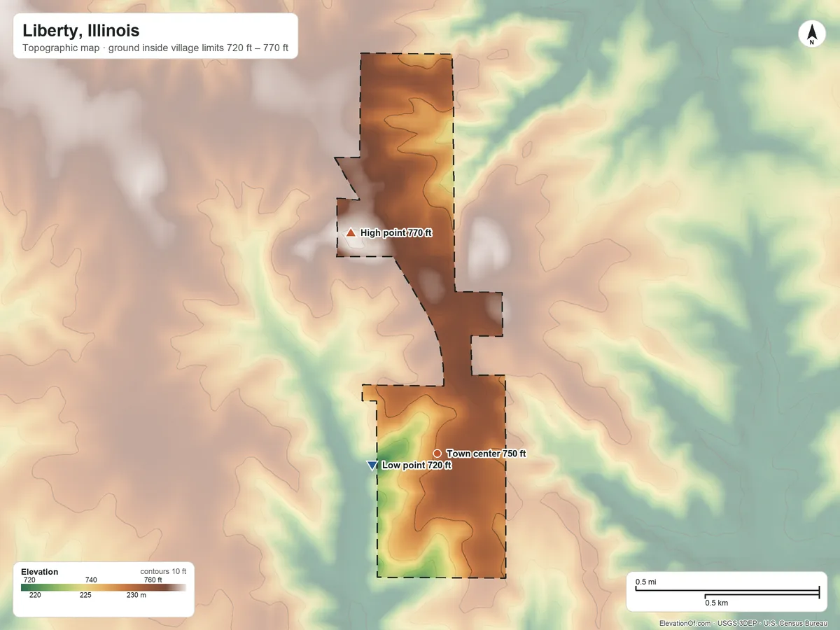 Topographic elevation map of Liberty, Illinois, shaded from 720 ft on the west side to 770 ft on the north side