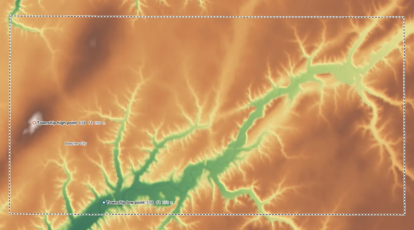 Topographic elevation map of Liberty Township, Effingham County, Illinois, shaded from 550 ft on the south side to 650 ft on the west side