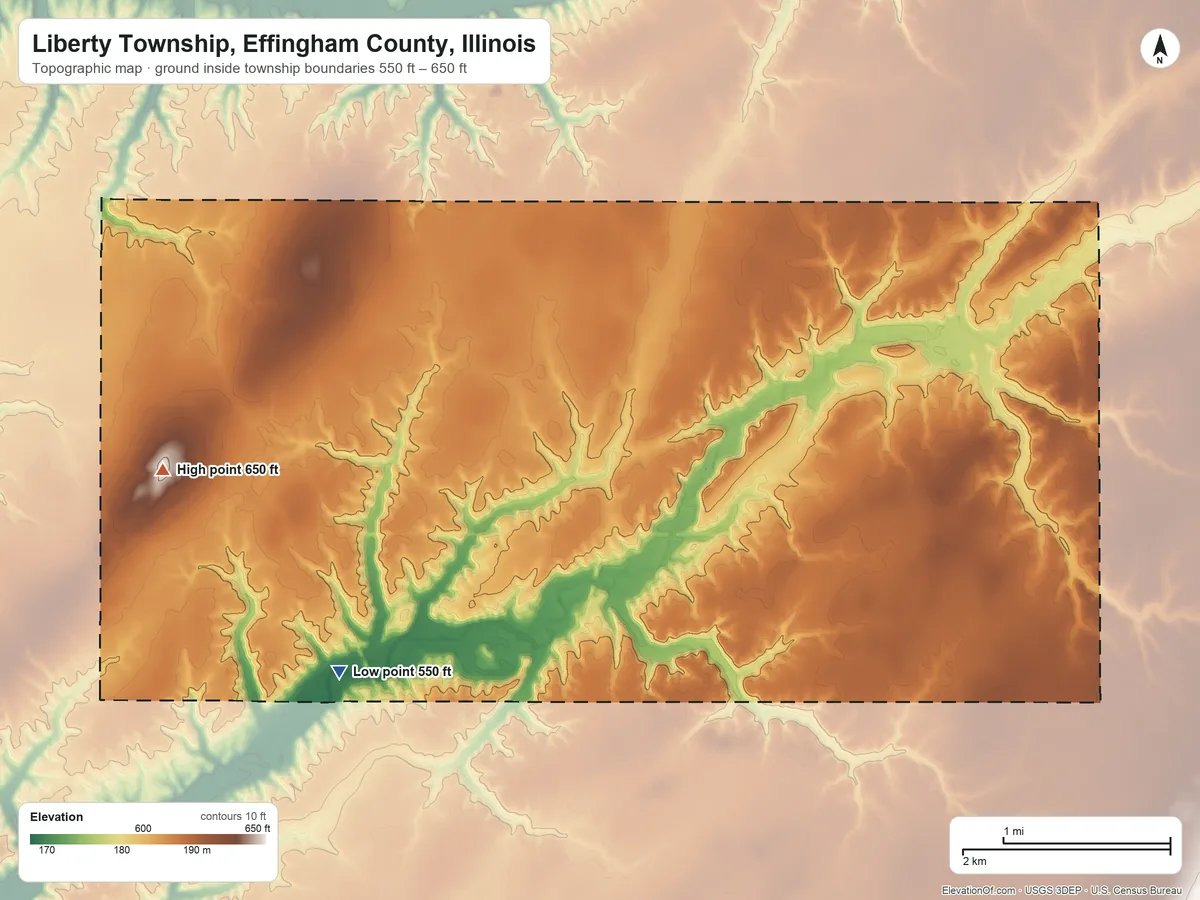 Topographic elevation map of Liberty Township, Effingham County, Illinois, shaded from 550 ft on the south side to 650 ft on the west side