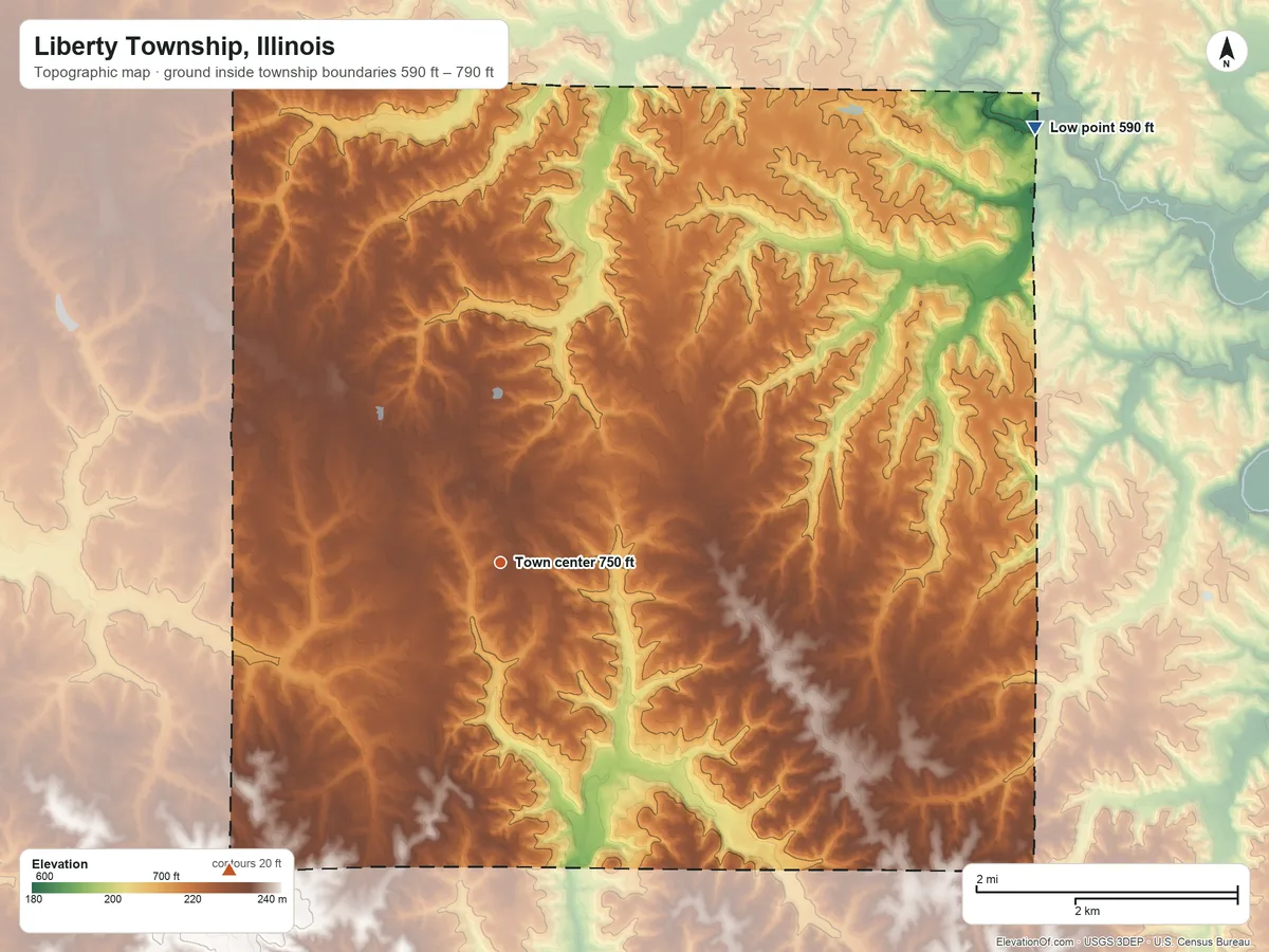 Topographic elevation map of Liberty Township, Illinois, shaded from 590 ft on the northeast side to 790 ft on the southwest side