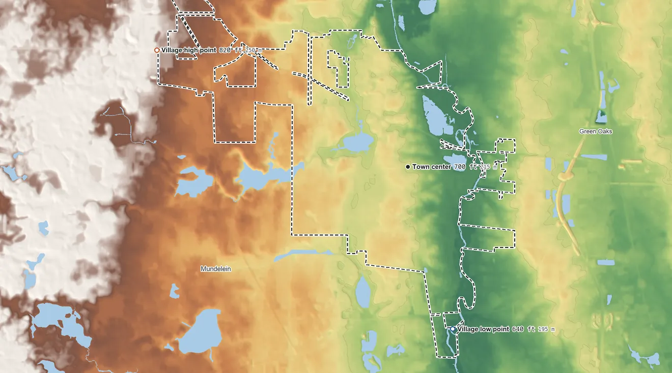 Topographic elevation map of Libertyville, Illinois, shaded from 640 ft on the south side to 820 ft on the northwest side