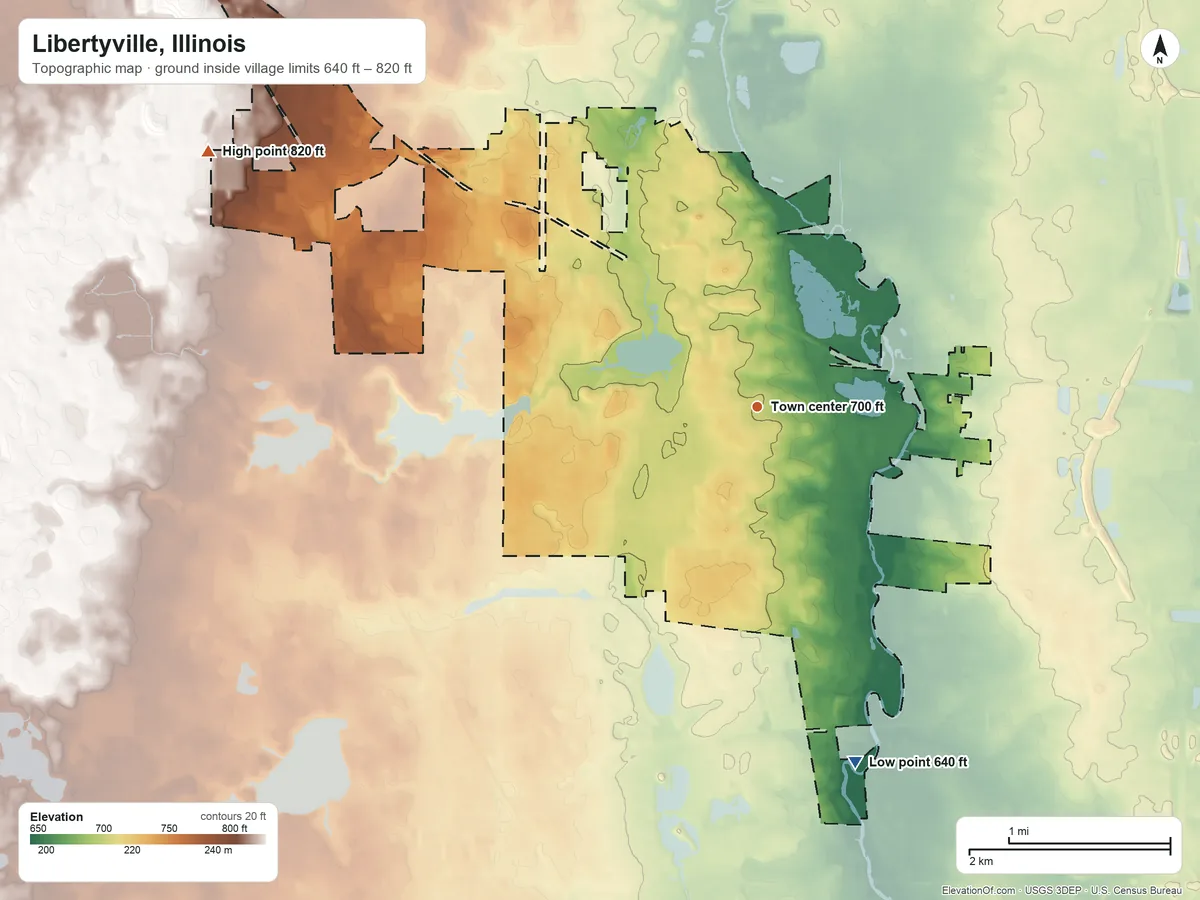Topographic elevation map of Libertyville, Illinois, shaded from 640 ft on the south side to 820 ft on the northwest side