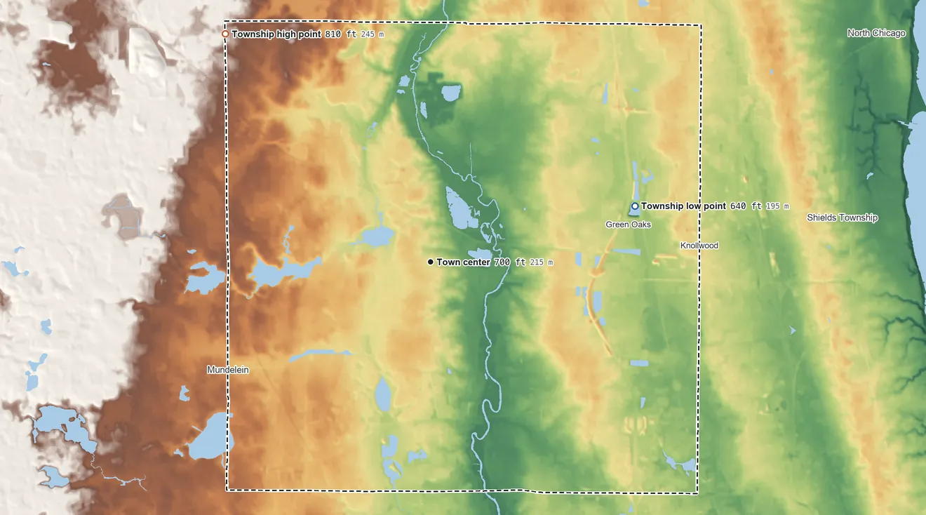 Topographic elevation map of Libertyville Township, Illinois, shaded from 640 ft on the east side to 810 ft on the northwest side
