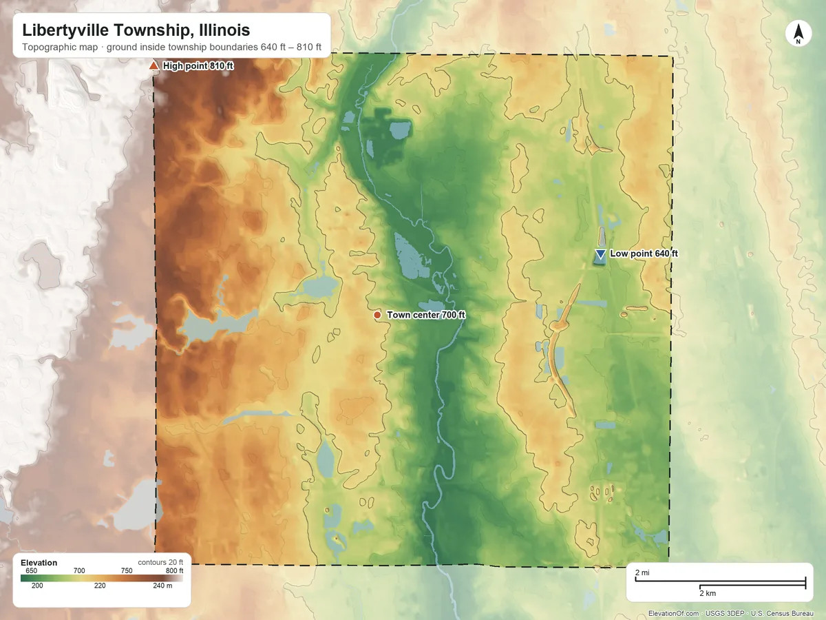 Topographic elevation map of Libertyville Township, Illinois, shaded from 640 ft on the east side to 810 ft on the northwest side