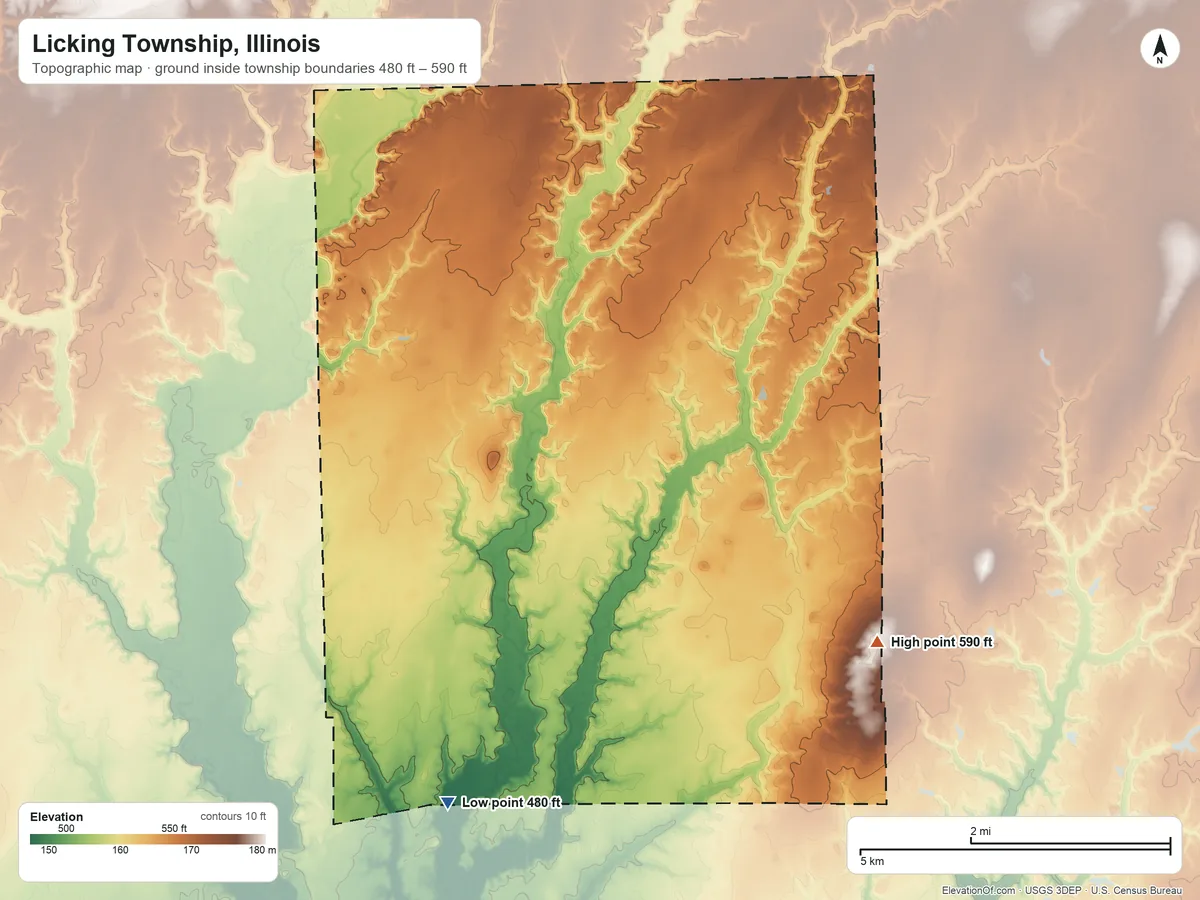 Topographic elevation map of Licking Township, Illinois, shaded from 480 ft on the southwest side to 590 ft on the southeast side