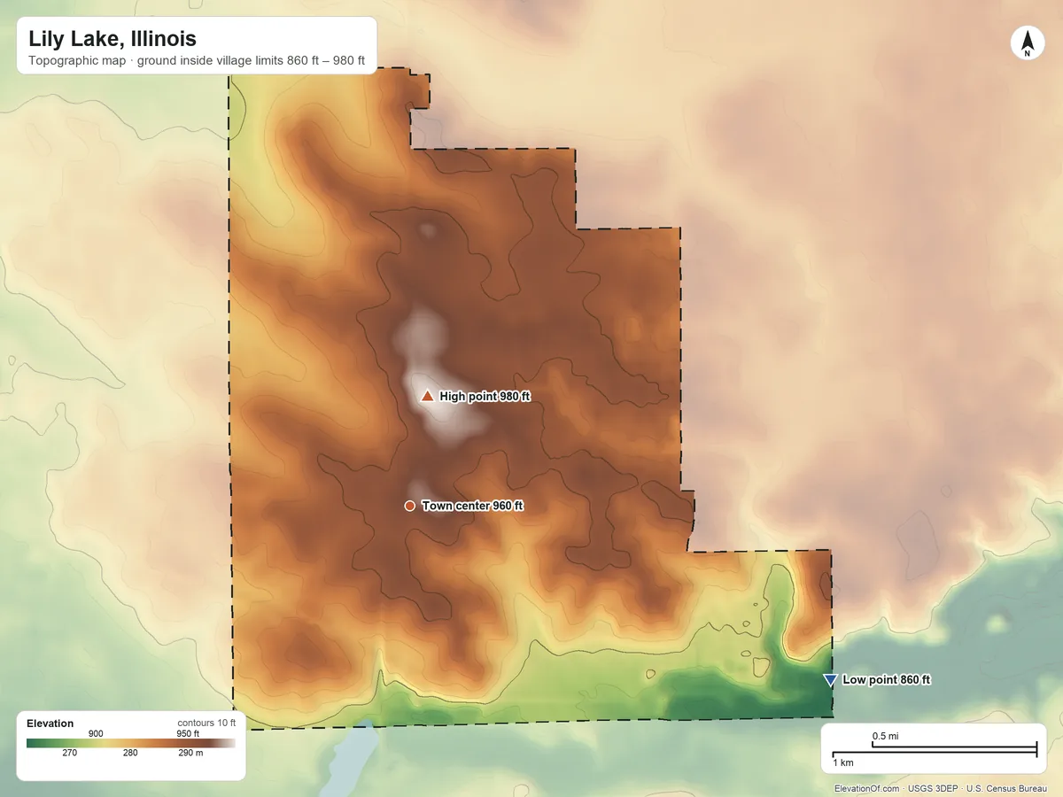 Topographic elevation map of Lily Lake, Illinois, shaded from 860 ft on the east side to 980 ft on the north side
