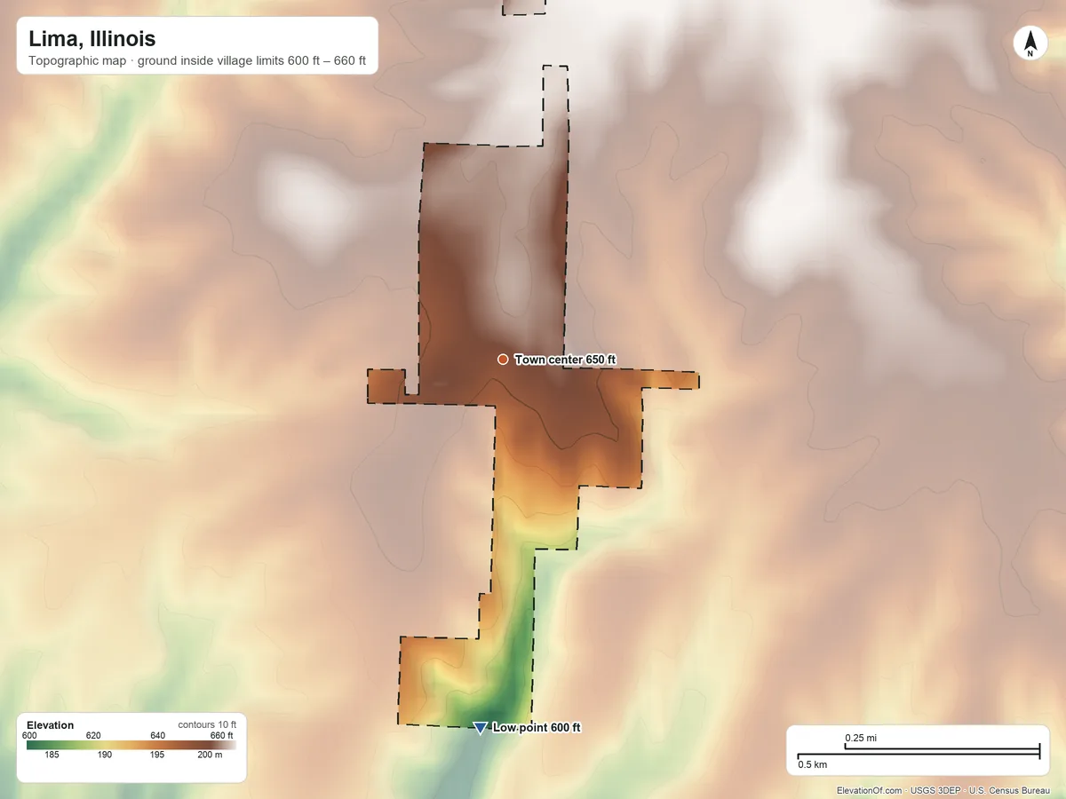 Topographic elevation map of Lima, Illinois, shaded from 600 ft on the south side to 660 ft on the north side