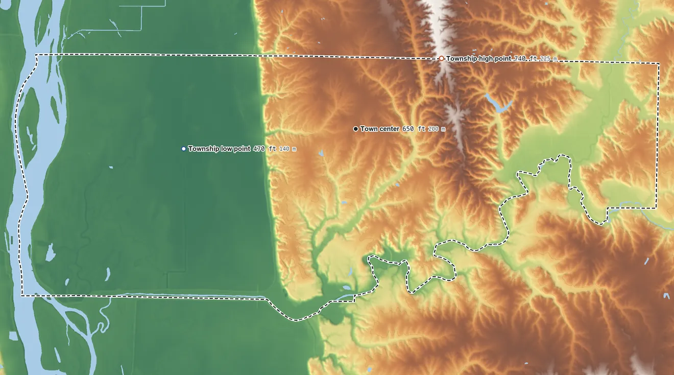 Topographic elevation map of Lima Township, Illinois, shaded from 470 ft on the west side to 740 ft on the northeast side