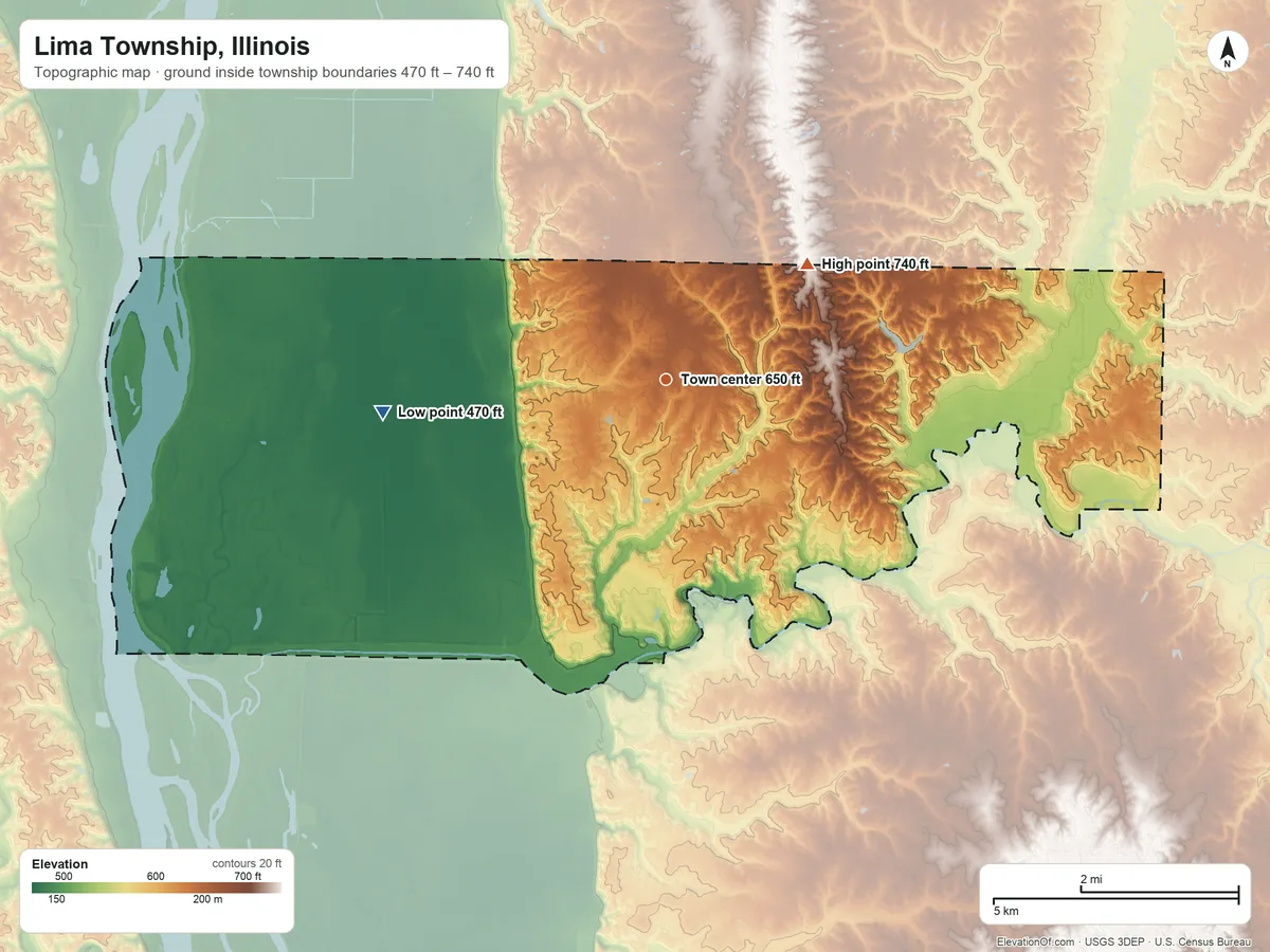 Topographic elevation map of Lima Township, Illinois, shaded from 470 ft on the west side to 740 ft on the northeast side