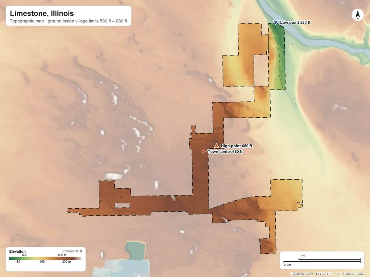 Topographic elevation map of Limestone, Illinois, shaded from 580 ft on the northeast side to 680 ft near the middle