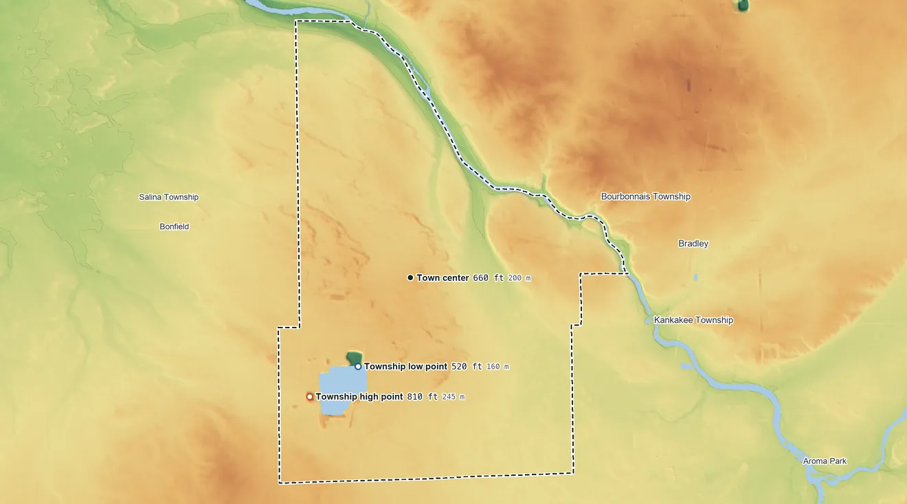 Topographic elevation map of Limestone Township, Kankakee County, Illinois, shaded from 520 ft on the southwest side to 810 ft on the southwest side