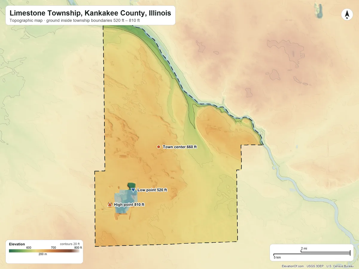 Topographic elevation map of Limestone Township, Kankakee County, Illinois, shaded from 520 ft on the southwest side to 810 ft on the southwest side