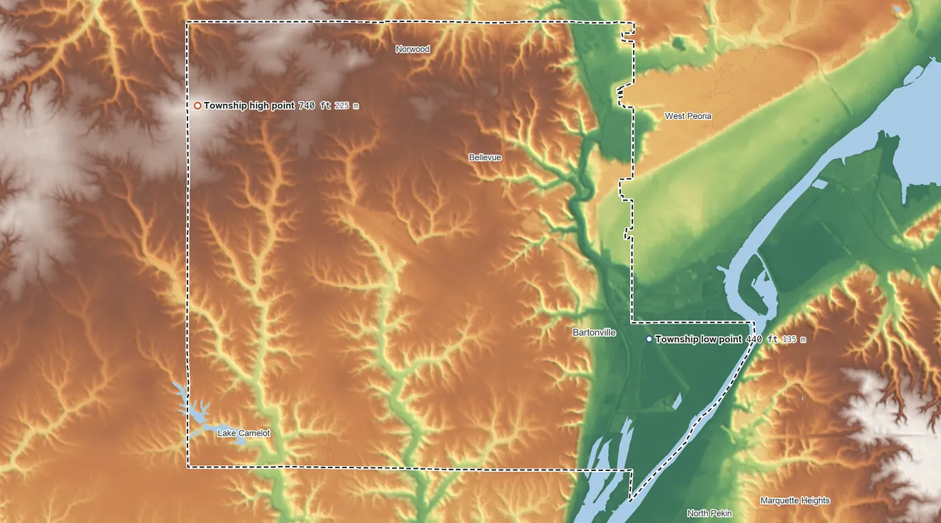 Topographic elevation map of Limestone Township, Illinois, shaded from 440 ft on the southeast side to 740 ft on the northwest side