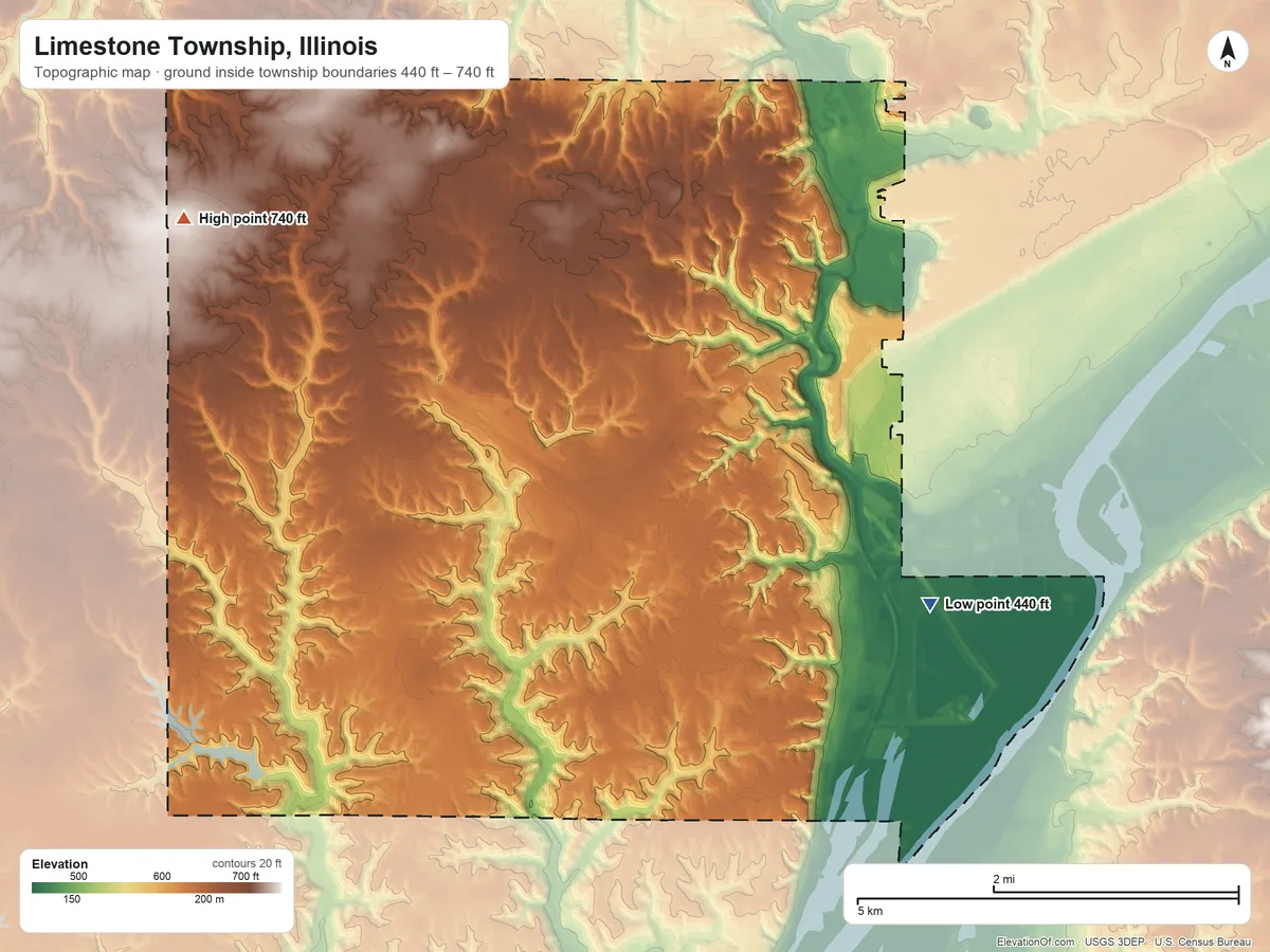 Topographic elevation map of Limestone Township, Illinois, shaded from 440 ft on the southeast side to 740 ft on the northwest side