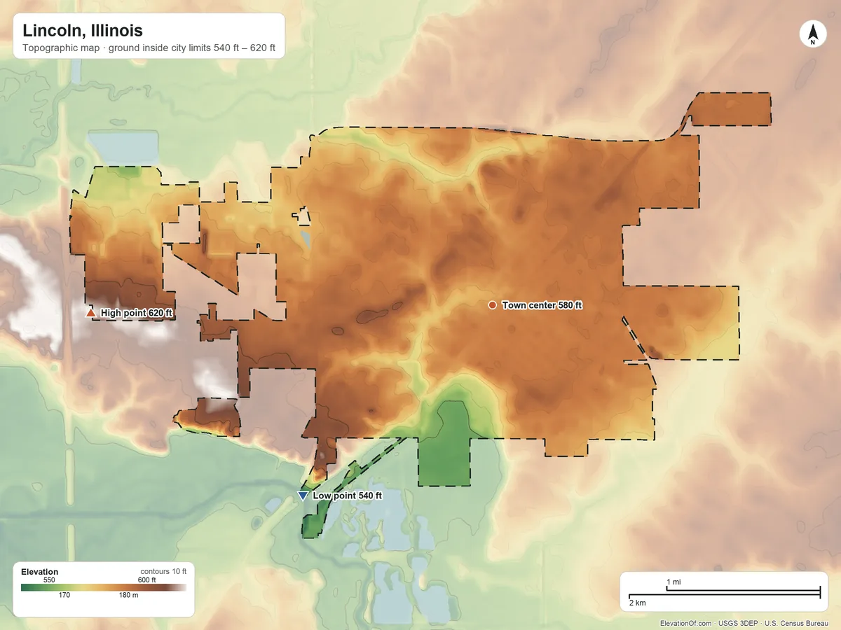 Topographic elevation map of Lincoln, Illinois, shaded from 540 ft on the southwest side to 620 ft on the west side