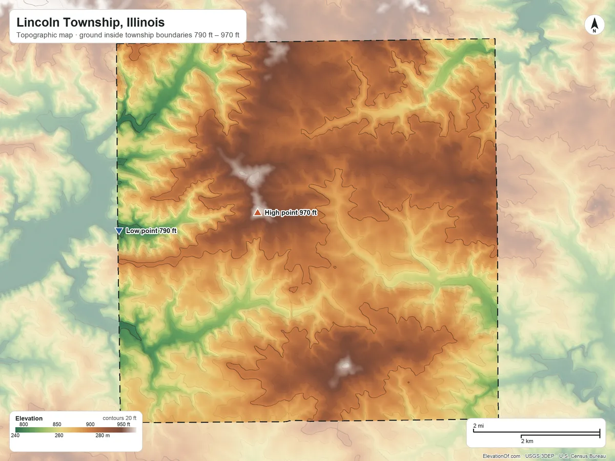 Topographic elevation map of Lincoln Township, Illinois, shaded from 790 ft on the west side to 970 ft on the northwest side
