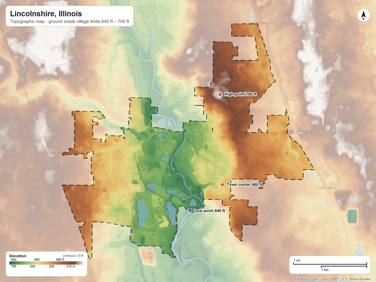 Topographic elevation map of Lincolnshire, Illinois, shaded from 640 ft on the southwest side to 700 ft on the north side