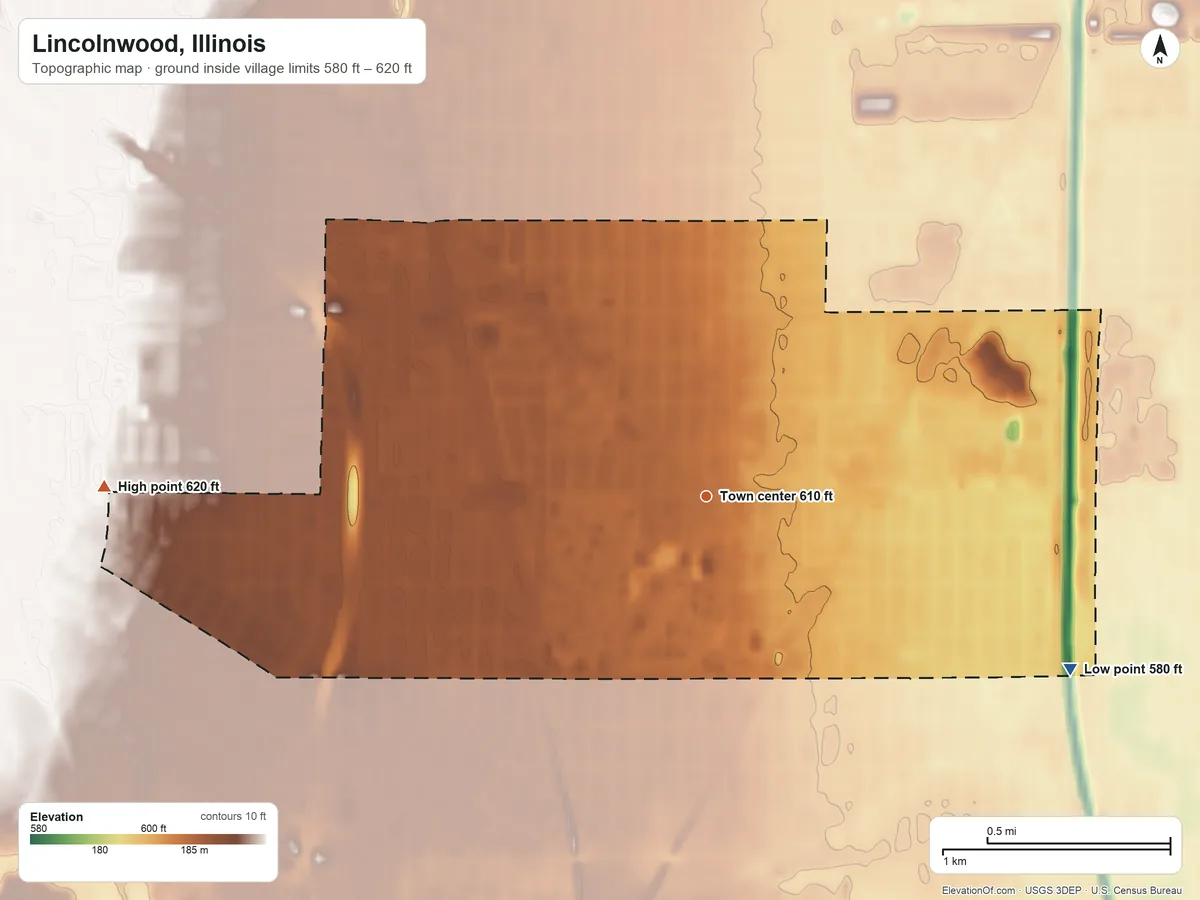 Topographic elevation map of Lincolnwood, Illinois, shaded from 580 ft on the southeast side to 620 ft on the west side