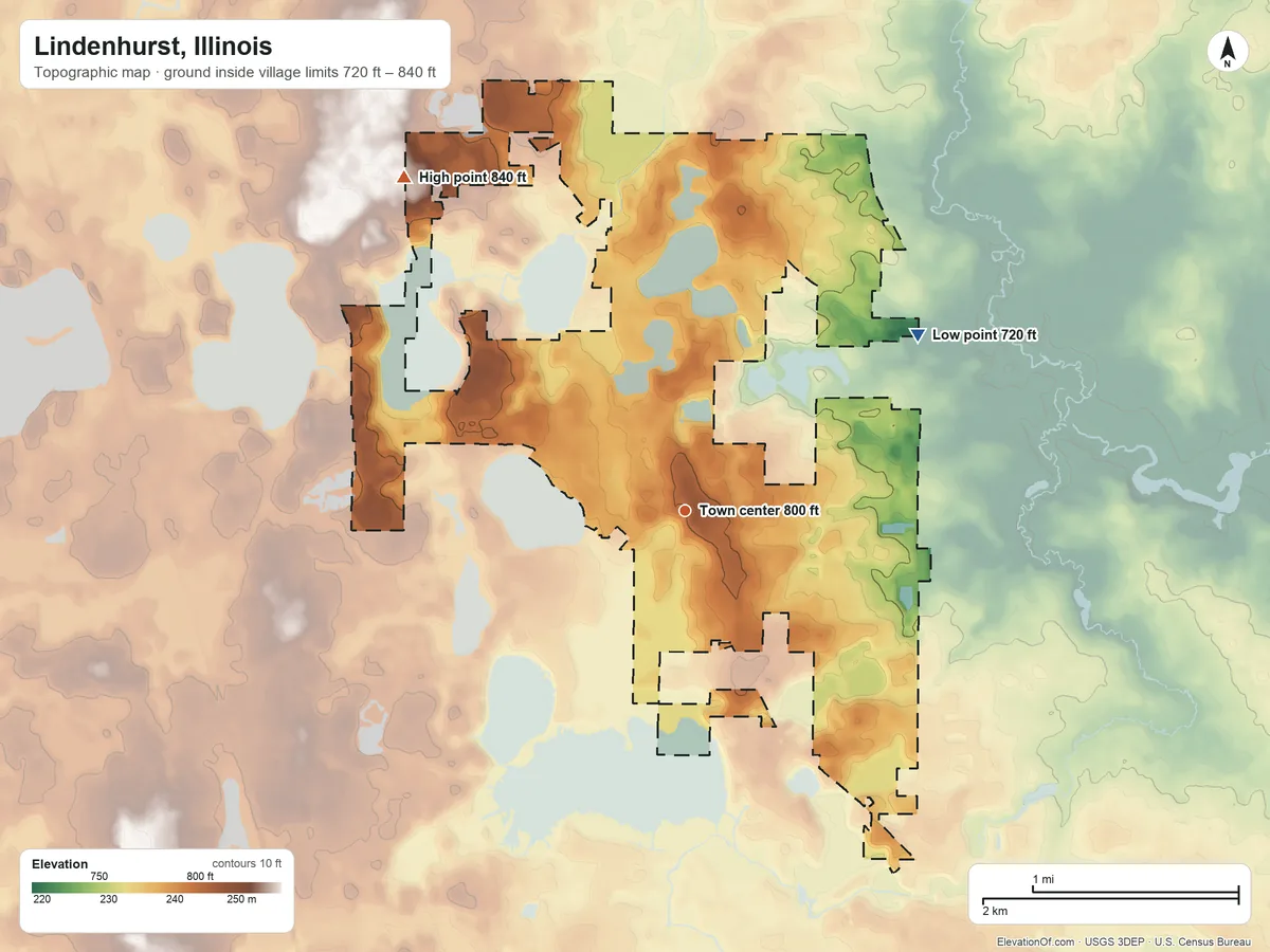 Topographic elevation map of Lindenhurst, Illinois, shaded from 720 ft on the northeast side to 840 ft on the northwest side