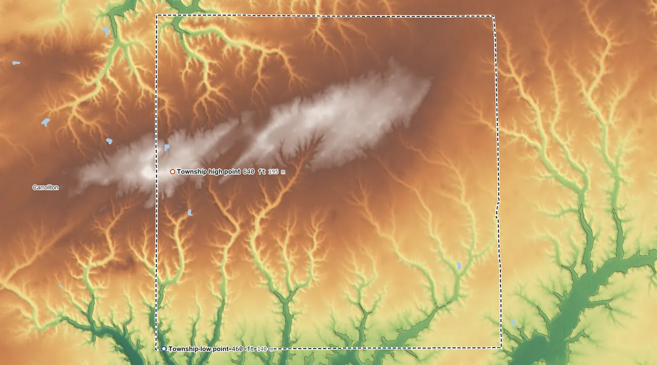 Topographic elevation map of Linder Township, Illinois, shaded from 460 ft on the southwest side to 640 ft on the west side