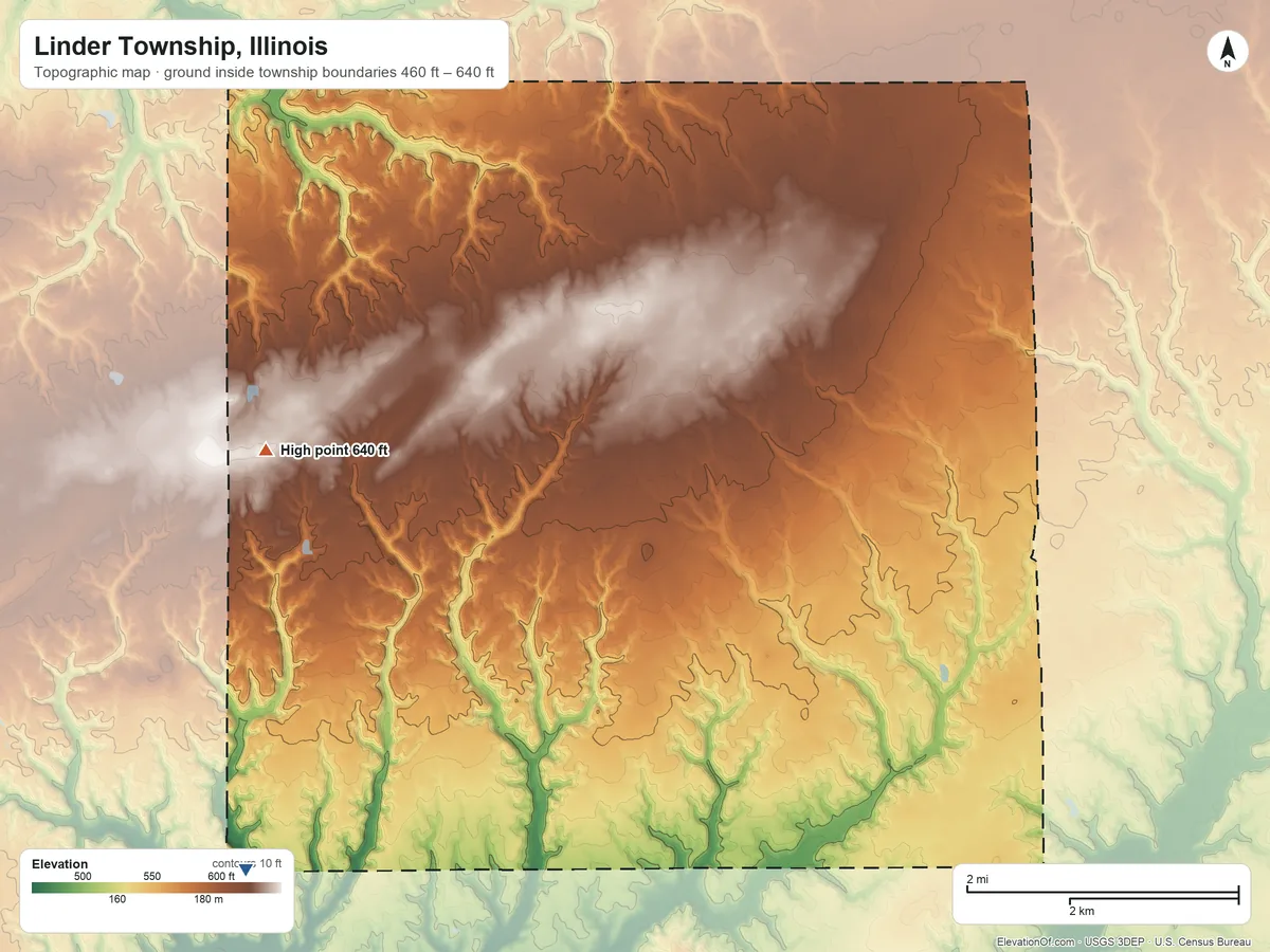 Topographic elevation map of Linder Township, Illinois, shaded from 460 ft on the southwest side to 640 ft on the west side
