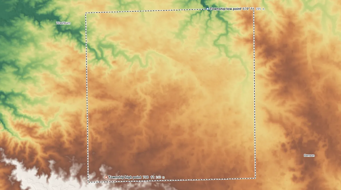 Topographic elevation map of Linn Township, Illinois, shaded from 670 ft on the north side to 790 ft on the southwest side