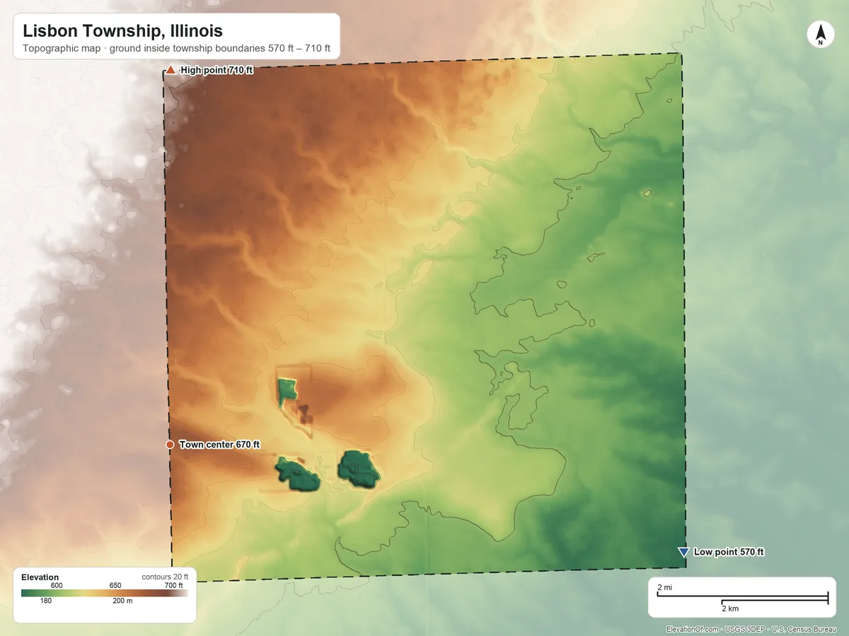 Topographic elevation map of Lisbon Township, Illinois, shaded from 570 ft on the east side to 710 ft on the north side