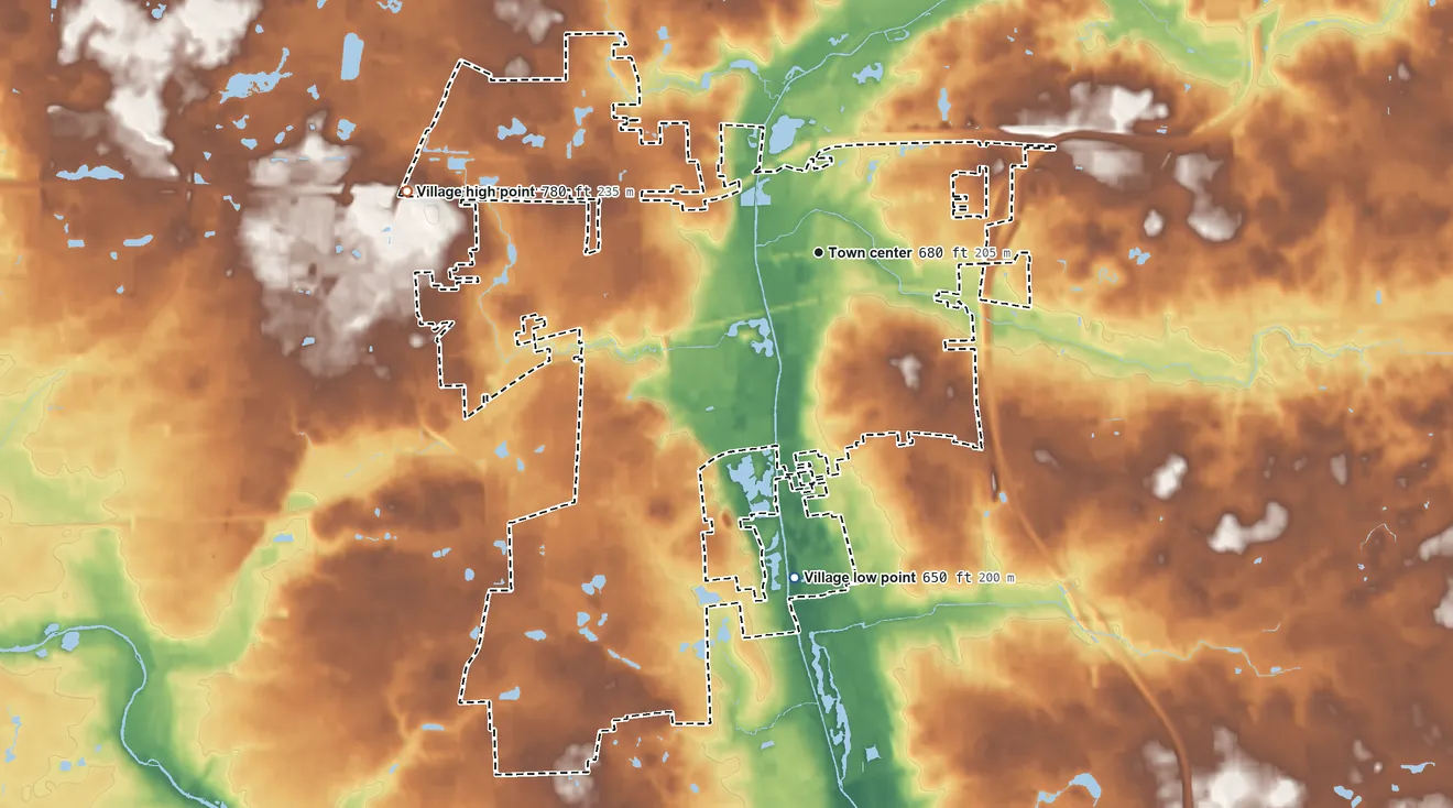 Topographic elevation map of Lisle, Illinois, shaded from 650 ft on the south side to 780 ft on the west side