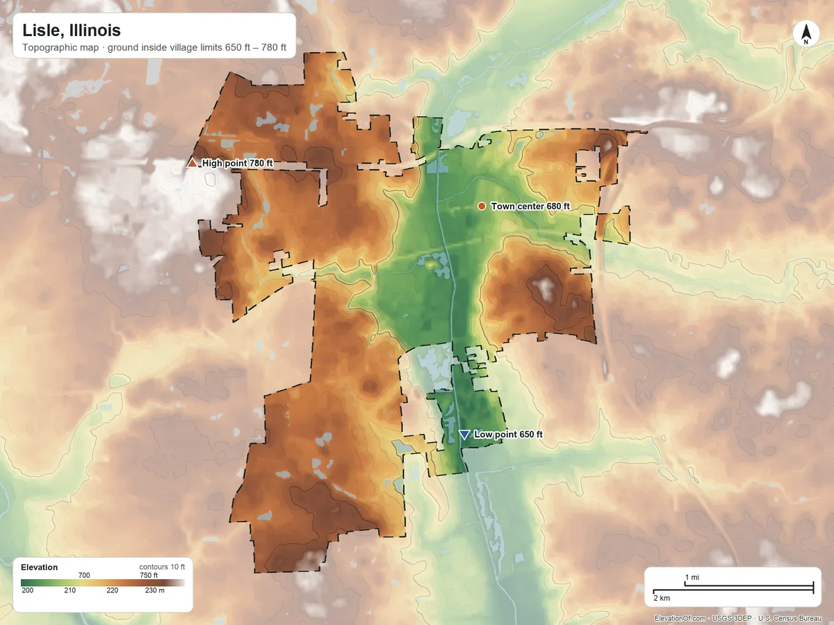 Topographic elevation map of Lisle, Illinois, shaded from 650 ft on the south side to 780 ft on the west side