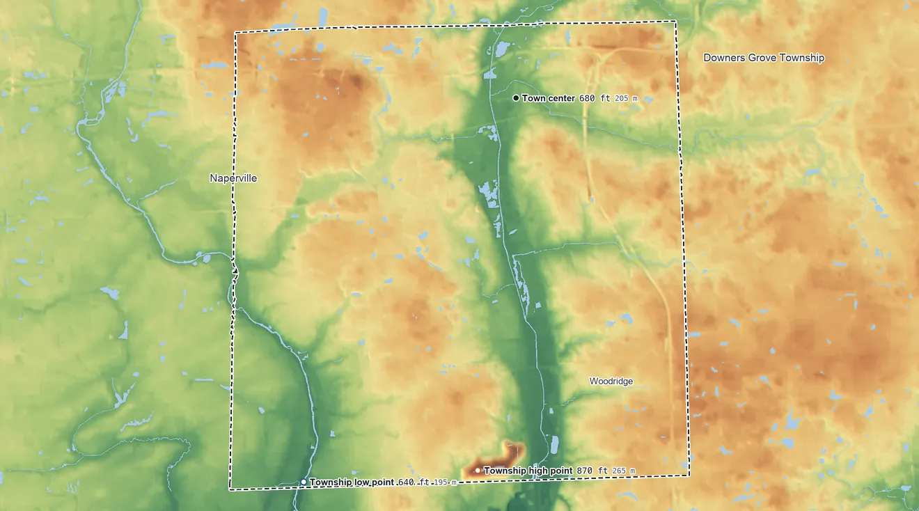 Topographic elevation map of Lisle Township, Illinois, shaded from 640 ft on the southwest side to 870 ft on the south side
