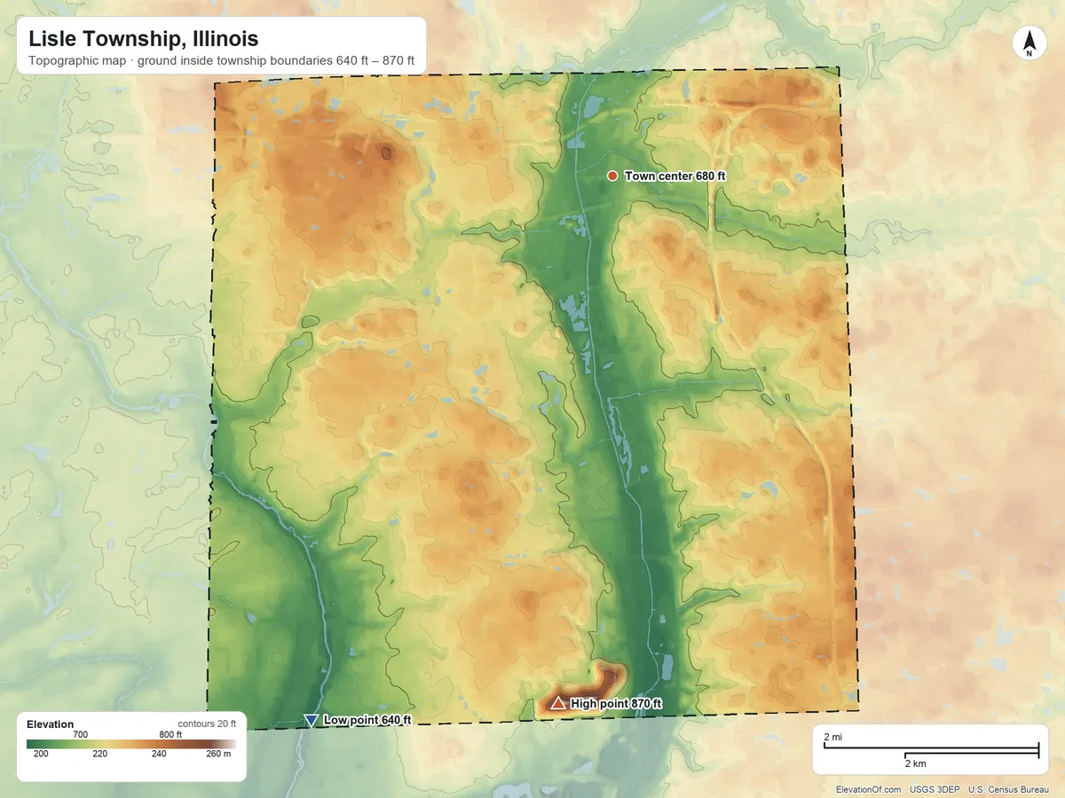 Topographic elevation map of Lisle Township, Illinois, shaded from 640 ft on the southwest side to 870 ft on the south side