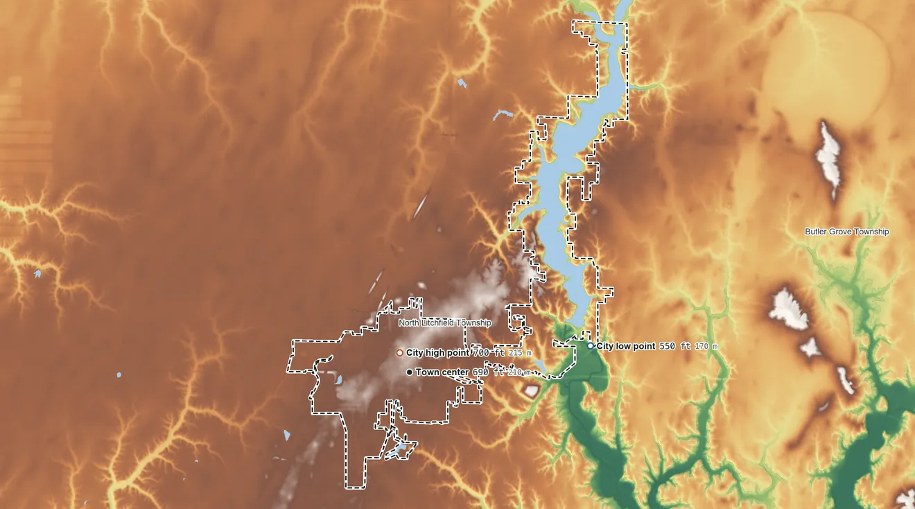 Topographic elevation map of Litchfield, Illinois, shaded from 550 ft on the east side to 700 ft near the middle