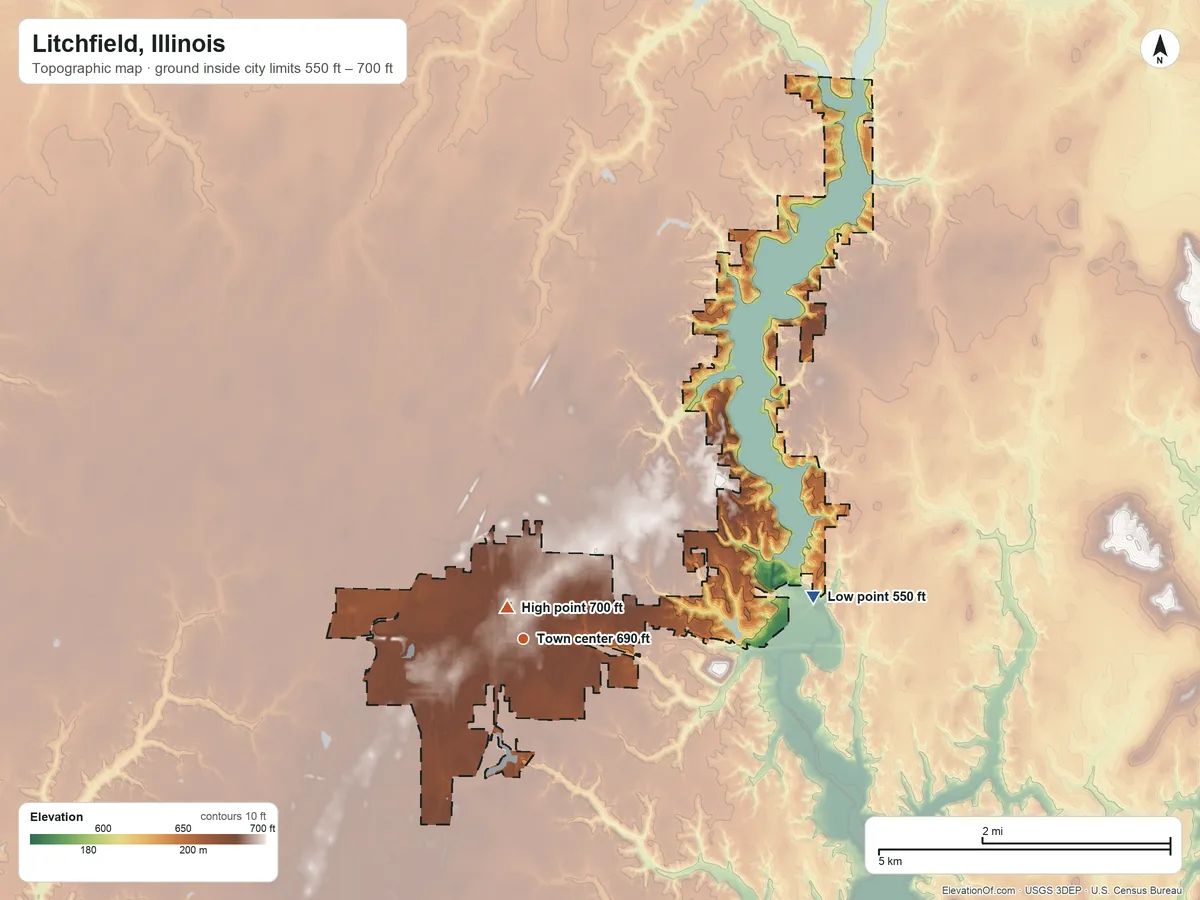 Topographic elevation map of Litchfield, Illinois, shaded from 550 ft on the east side to 700 ft near the middle