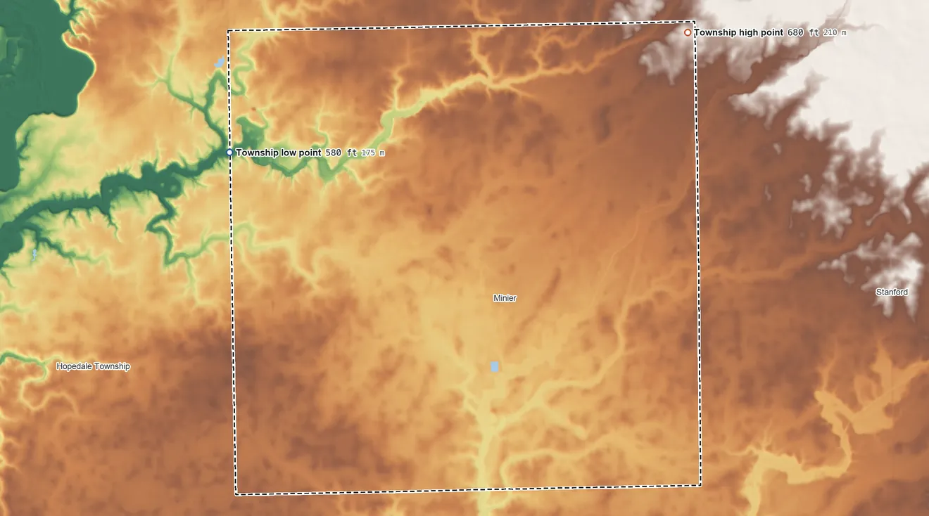Topographic elevation map of Little Mackinaw Township, Illinois, shaded from 580 ft on the northwest side to 680 ft on the northeast side