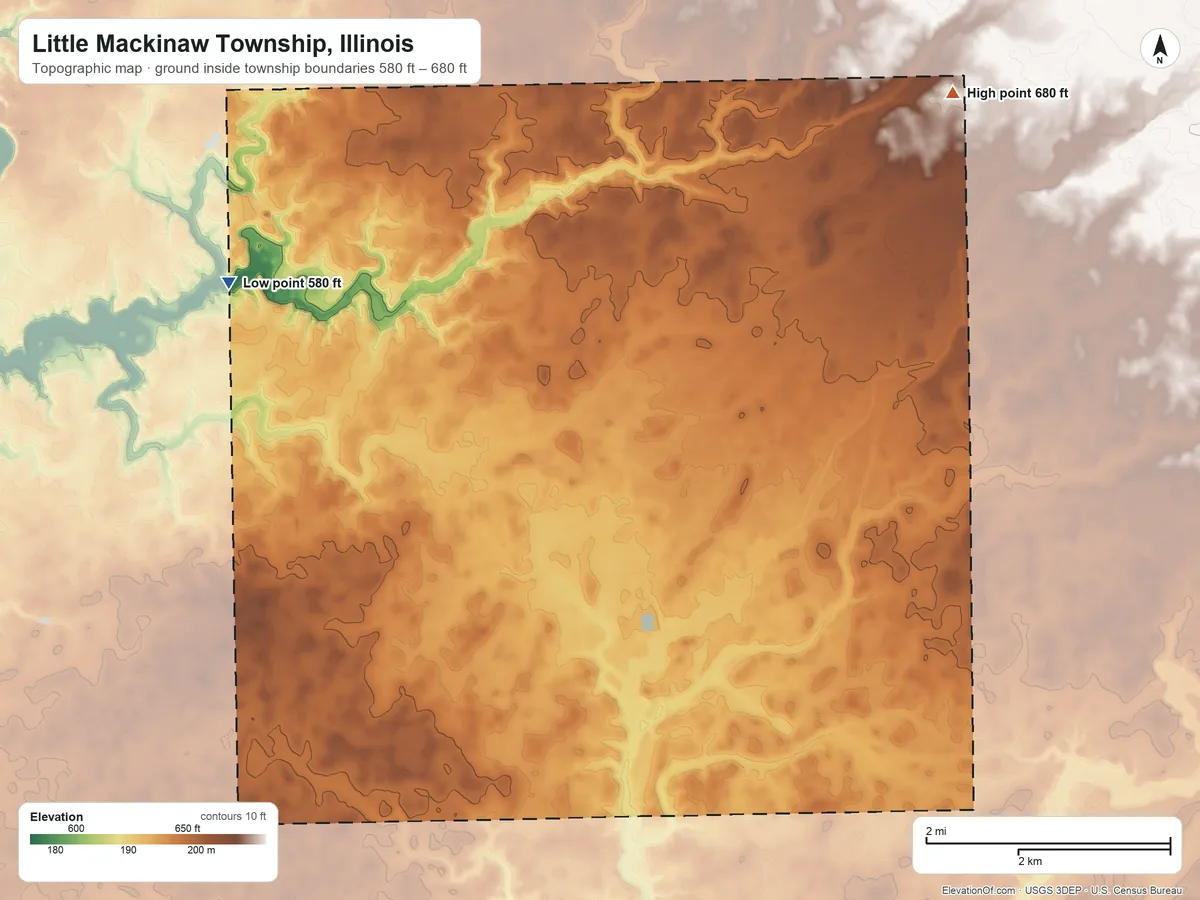 Topographic elevation map of Little Mackinaw Township, Illinois, shaded from 580 ft on the northwest side to 680 ft on the northeast side