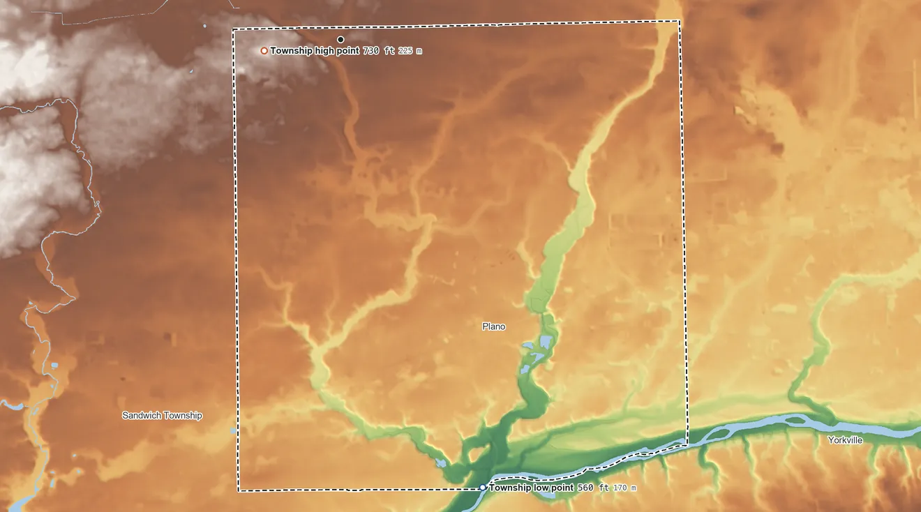 Topographic elevation map of Little Rock Township, Illinois, shaded from 560 ft on the south side to 730 ft on the west side