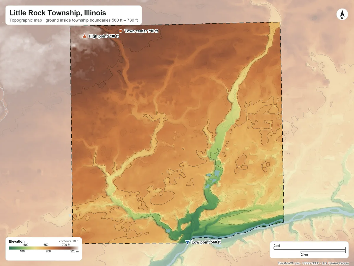 Topographic elevation map of Little Rock Township, Illinois, shaded from 560 ft on the south side to 730 ft on the west side