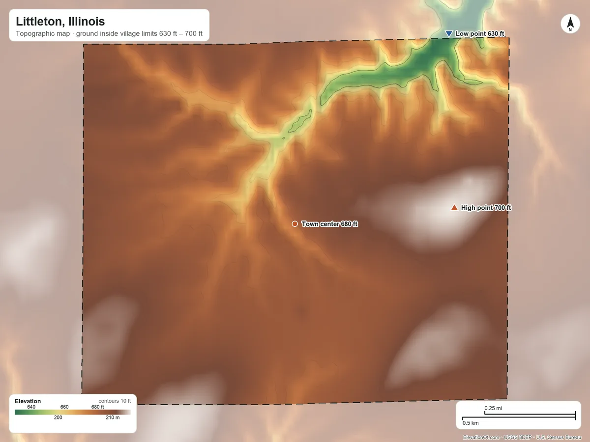 Topographic elevation map of Littleton, Illinois, shaded from 630 ft on the northeast side to 700 ft on the east side