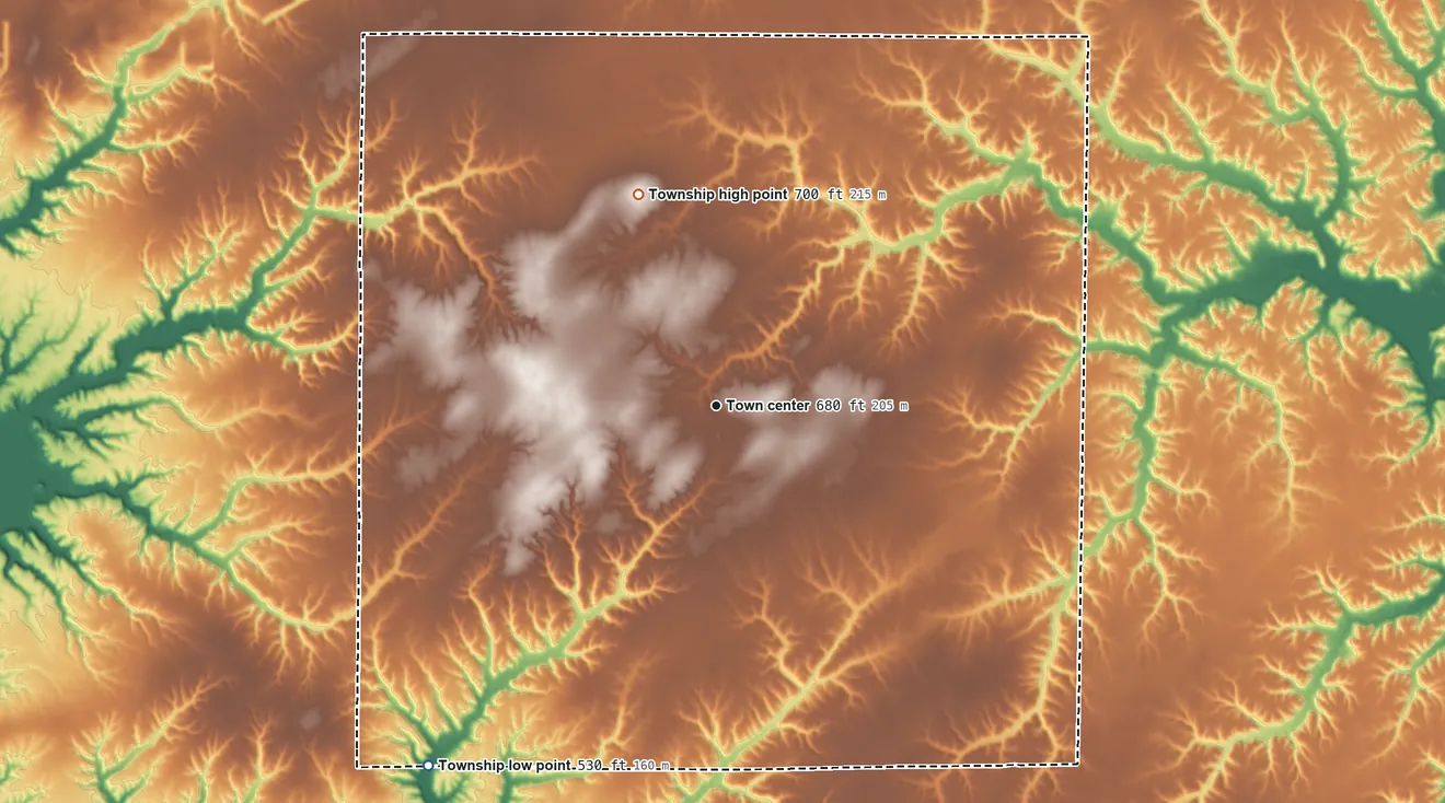 Topographic elevation map of Littleton Township, Illinois, shaded from 530 ft on the southwest side to 700 ft on the north side