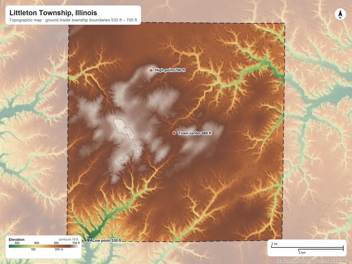 Topographic elevation map of Littleton Township, Illinois, shaded from 530 ft on the southwest side to 700 ft on the north side