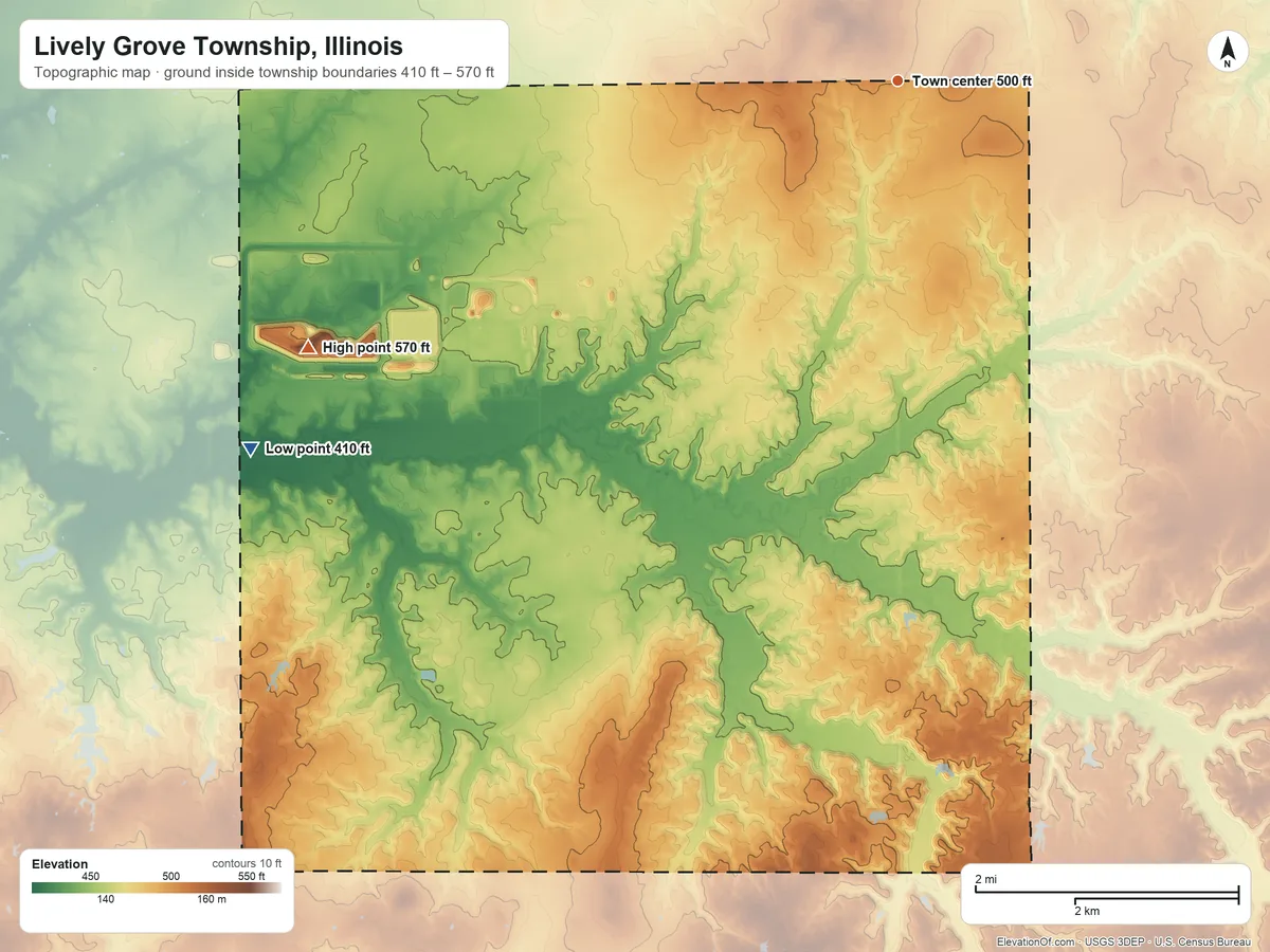 Topographic elevation map of Lively Grove Township, Illinois, shaded from 410 ft on the southwest side to 570 ft on the southwest side