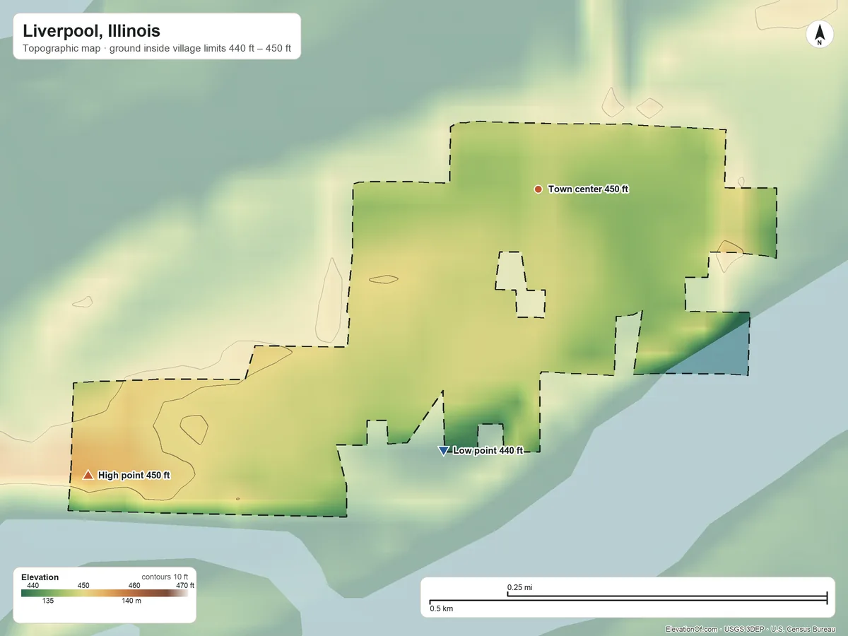 Topographic elevation map of Liverpool, Illinois, shaded from 440 ft on the south side to 450 ft on the southwest side