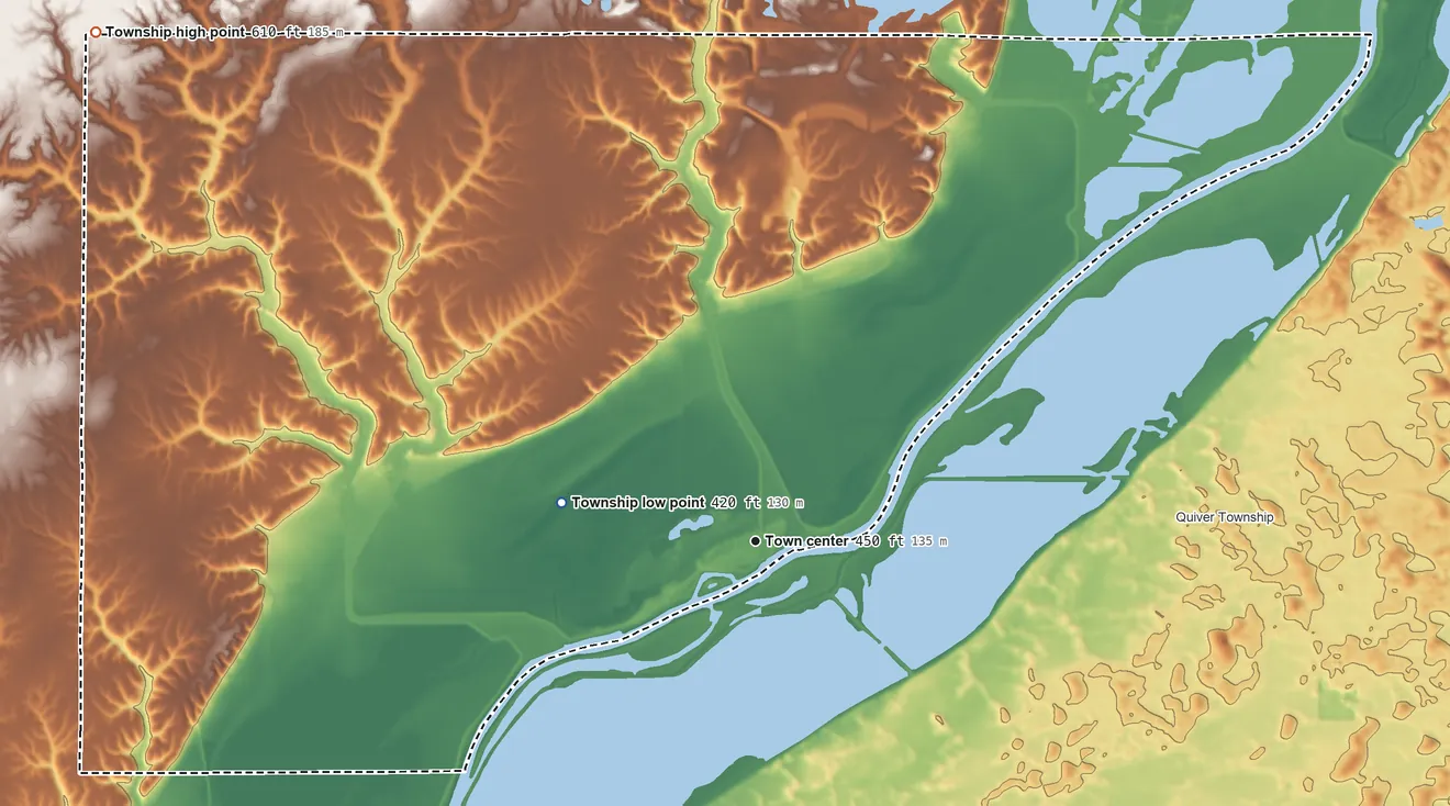 Topographic elevation map of Liverpool Township, Illinois, shaded from 420 ft on the west side to 610 ft on the northwest side