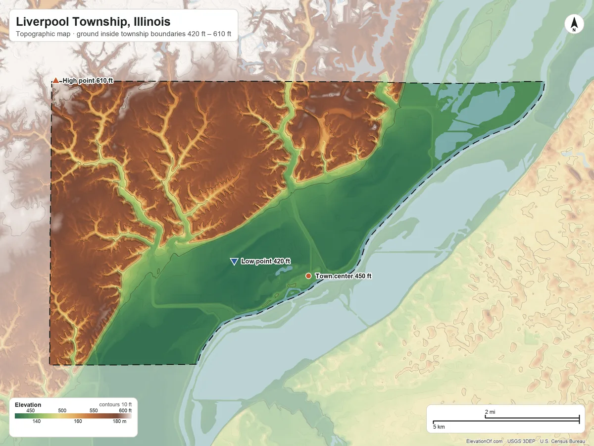 Topographic elevation map of Liverpool Township, Illinois, shaded from 420 ft on the west side to 610 ft on the northwest side