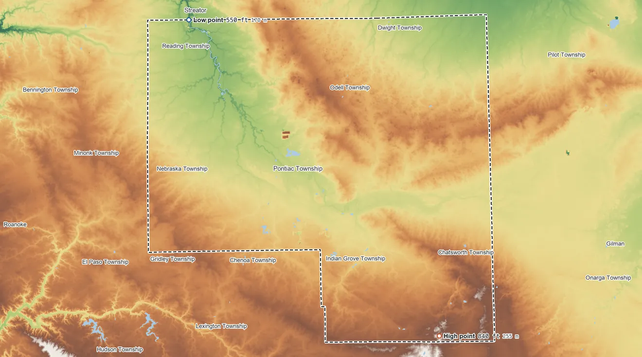 Topographic elevation map of Livingston County, Illinois, shaded from 550 ft on the northwest side to 840 ft on the southeast side