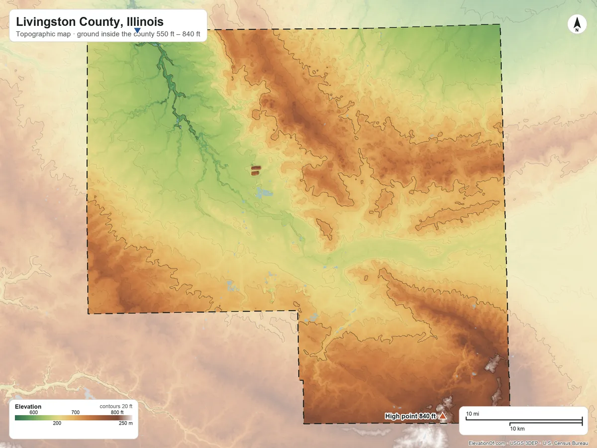 Topographic elevation map of Livingston County, Illinois, shaded from 550 ft on the northwest side to 840 ft on the southeast side