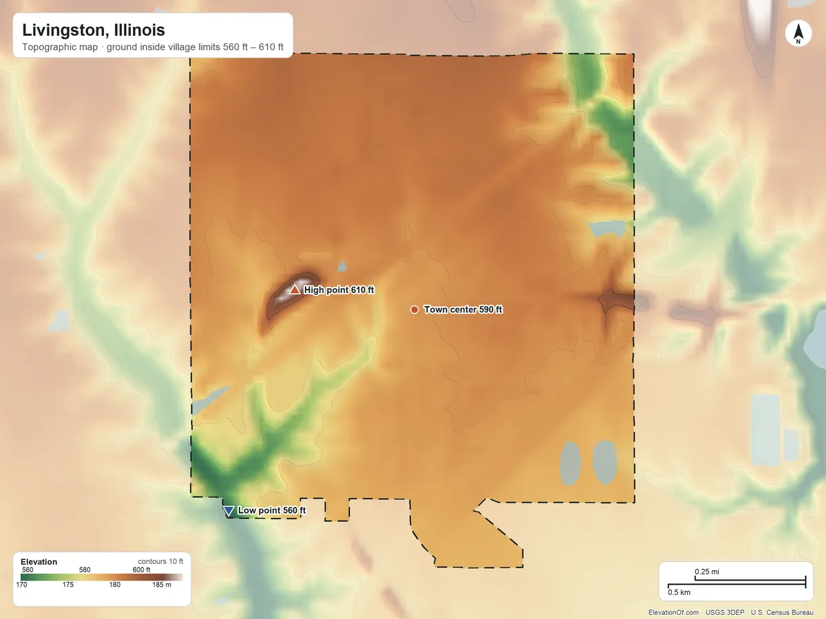 Topographic elevation map of Livingston, Illinois, shaded from 560 ft on the southwest side to 610 ft on the west side