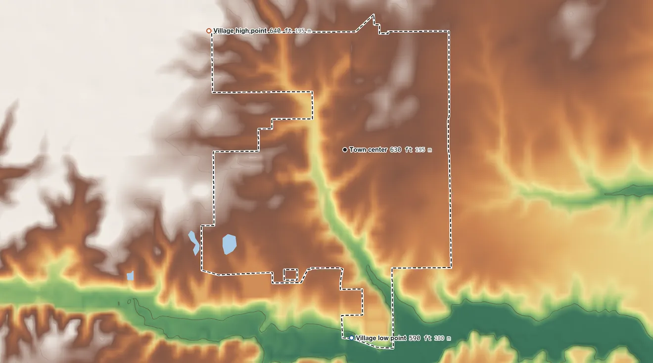 Topographic elevation map of Loami, Illinois, shaded from 590 ft on the south side to 640 ft on the northwest side