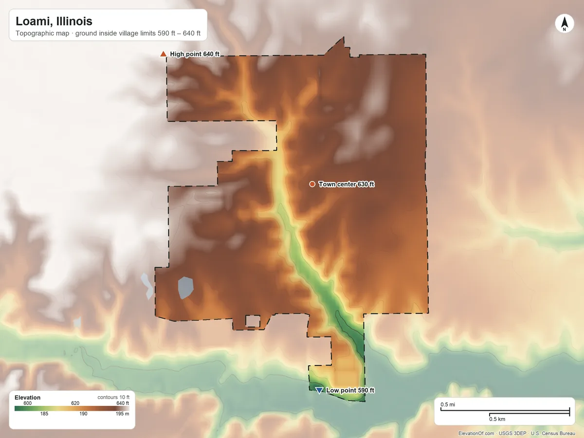 Topographic elevation map of Loami, Illinois, shaded from 590 ft on the south side to 640 ft on the northwest side