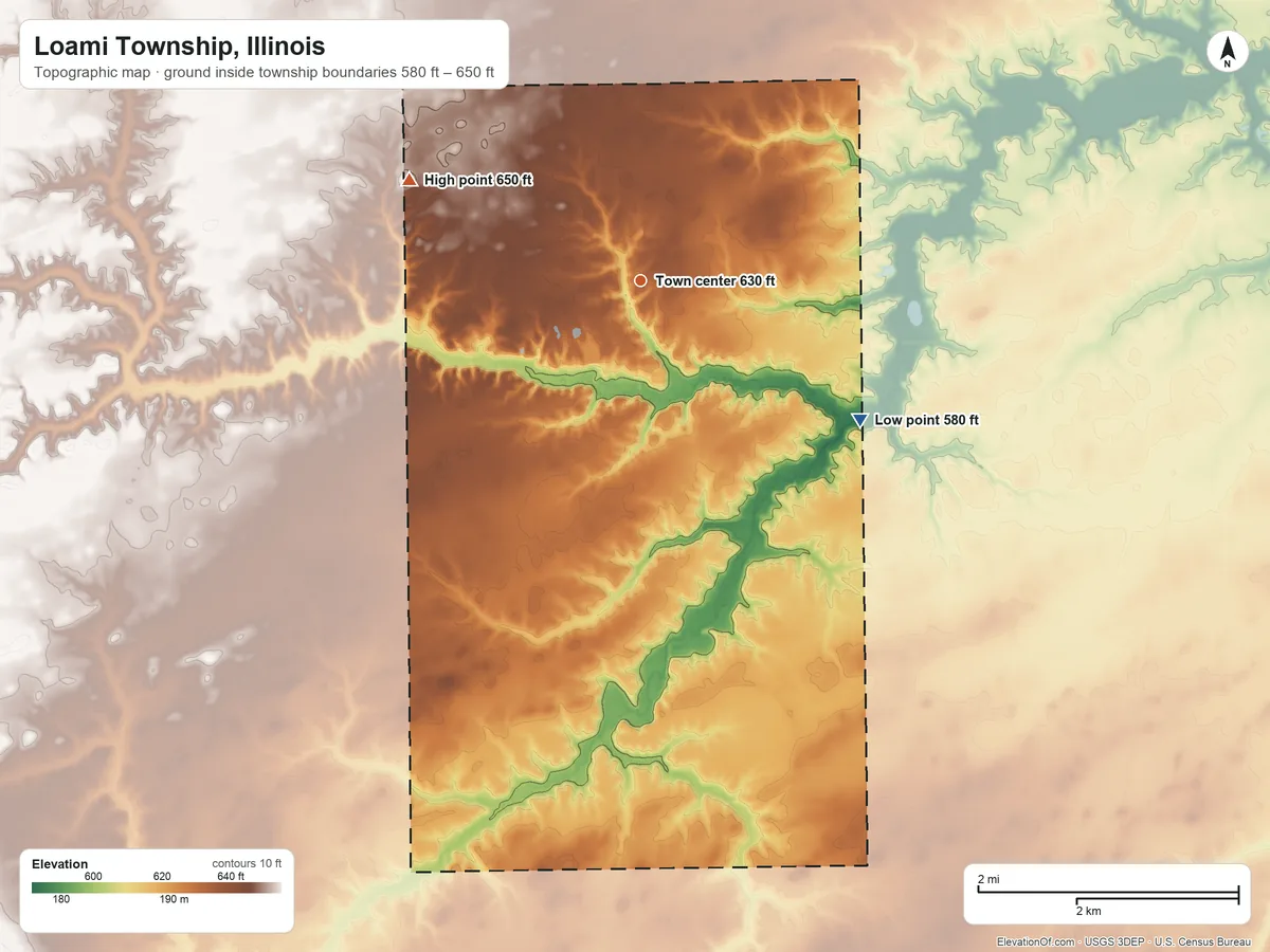 Topographic elevation map of Loami Township, Illinois, shaded from 580 ft on the southeast side to 650 ft on the northwest side